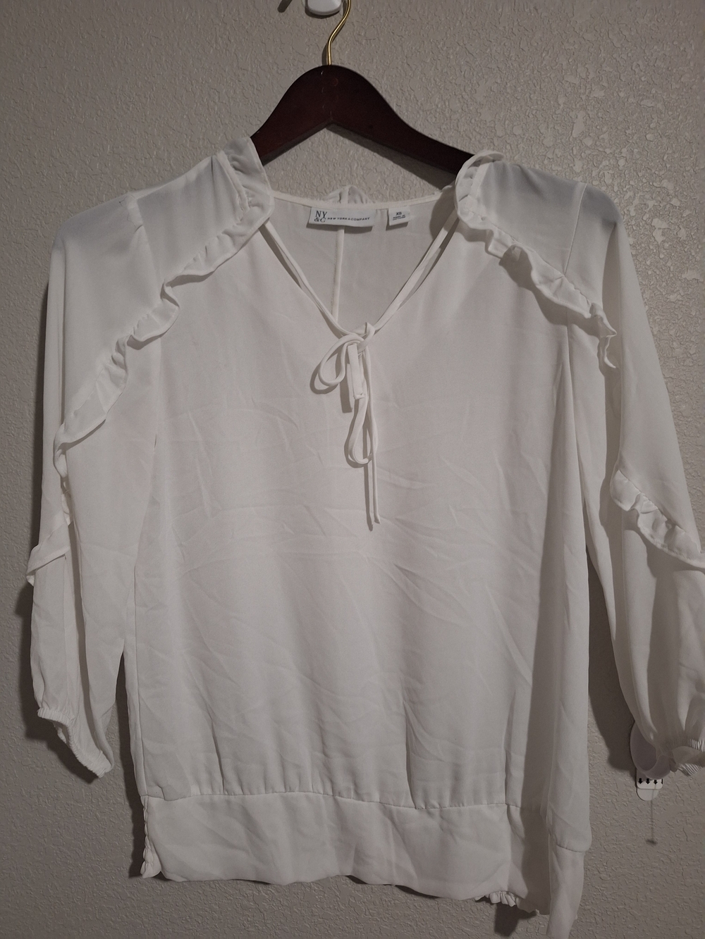 NY Collection Cream Ruffle Tie-Neck Blouse